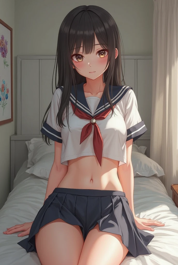 ((masterpiece,best quality)), highres, extremely detailed 8K wallpaper, depth_of_field, best shadow, (Colorful),(Delicate eyes and face), nice hand, Perfect hands, volumatic light, Ray tracing, BREAK
(1girl in), touko, black hair, long hair, black eyes, slender, skinny, medium breasts, open mouth, smile, blush, BREAK,
(wear white transparent school uniform top:1.3), (sailor collar:1.5), (red tie:1.3), (Parted clothes at the top and bottom:1.2), (short sleeves:1.1), (white string panty:1.3), (bare navel), (??????:1.1), (under boob), (black lace stockings:1.2), High heels, BREAK,
Cowboy Shots, Looking at Viewer, stomach focus, bedroom, night time, Ultra detailed backgrounds,