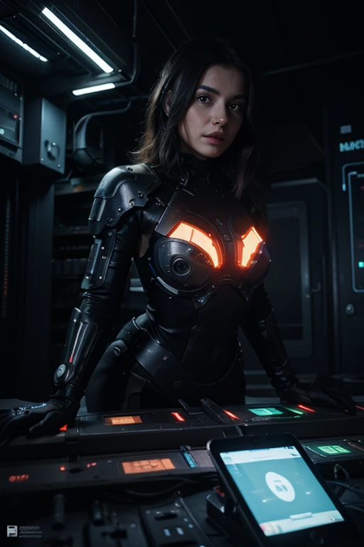 A female, (cyberpunk:1.2), cinematic film still, lights, noir, modern, , (sleek), Cybernetic,  Luis Royo , (ross tran, Alphonse Mucha's, Erwin Blumenfeld), Albert  Watson