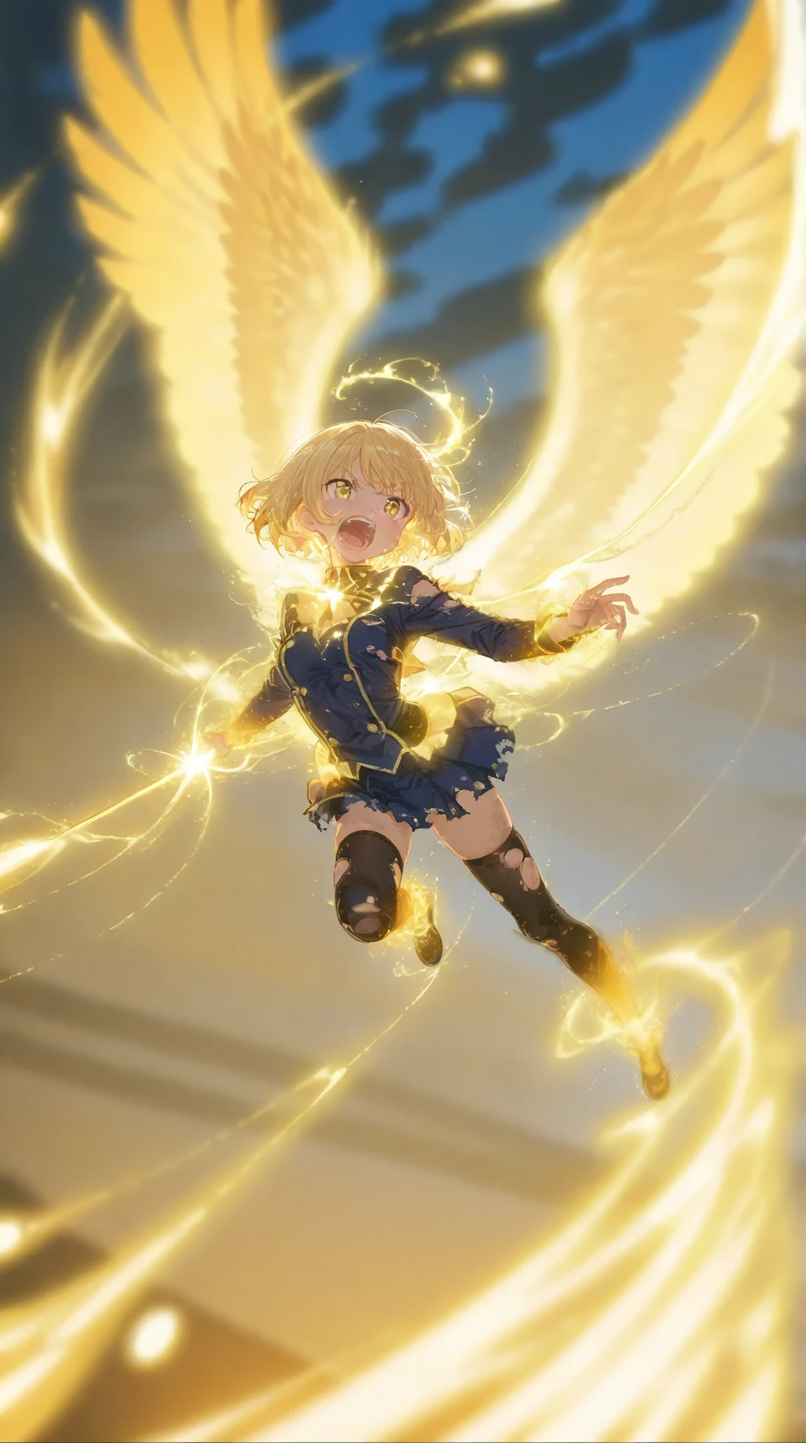 (dynamic configuration: 1.4), (Brilliant lighting, atmospheric lighting )(a girl in a torn school of magic uniform is shouting into the sky:1.5)It's time to fight by showing off a golden aura with burning golden wings Golden Feather Effect Golden Feather Project Mapping Conjures a Fascinating Aura in a Tornado of Golden Fire