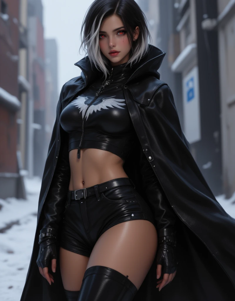masterpiece, (photorealistic), best quality, beautiful lighting, professional lighting, photon mapping, radiosity, physically-based rendering nanakusa nazuna, large tired eyes (nazuna nanakusa), 1girl, slim teenager, bangs, very long cape (black leather with baggy hood, billowing), black shirt, black shorts (unbuttoned, black leather), blue eyes, blunt bangs, (small breasts:1.5), (cleavage cutout:1.5), clothing cutout, crop top, eyeshadow, (fangs:1.3), (wide grin:1.1), gradient hair, braided hair rings, jacket, light purple hair, looking at distance, makeup, multicolored hair, navel, mouth slightly open, red eyeshadow, shirt, shorts (unfastened), sleeveless, sleevless turtleneck, urban background (bokeh), (night:1.5), tokyo street lighting, soft abdomen, hips, high heel boots (black leather), wedge boots (black leather, thigh high), (rooftop:1.5), skyscraper, wind blowing, half closed eyes, exposed pelvis, sexy pose