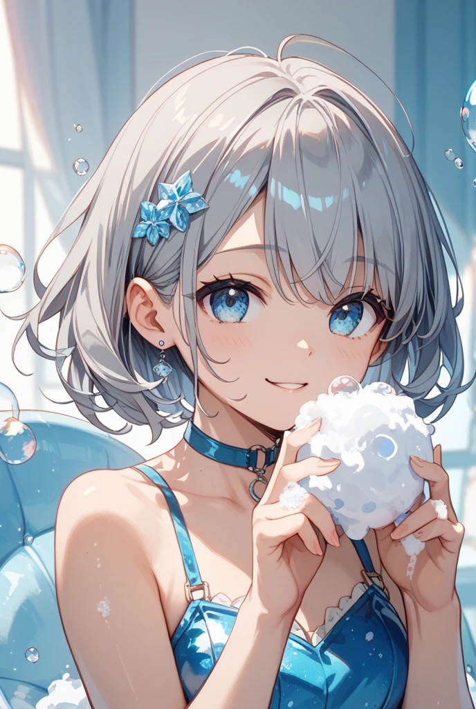 masterpiece, top quality, super detail, illustration,(1girl), ultramarine, water queen, 20 years old, beautiful detailed eyes, looking at the beholder, close-up, (face focus), gray hair, short hair, disheveled hair, shy, earrings, ultra mini bikini, blue eyes, blue lipstick, blue nails, soap bubbles