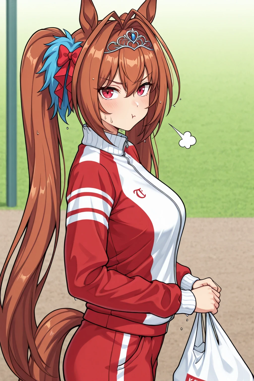best quality,hyper-detailed, anime style,1girl,solo,side view, face look at viewer, dwstdef, horse tail, brown hair, hair intakes, hair between eyes, twintails, hair bow, red bow, tiara, animal ears, red eyes,medium breast,wet tracksuit,gym pants,Pouting face,Hold KFC bag, outdoor