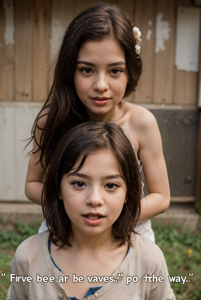 two sisters of different ages, black hair, franch, lesbians, one child girl with small breast,  10 years old, , lolita, detailed face, cathotlic, cute, lesbian intimacy , secret, teen romance, style clothes, soft kiss, background in bedroom