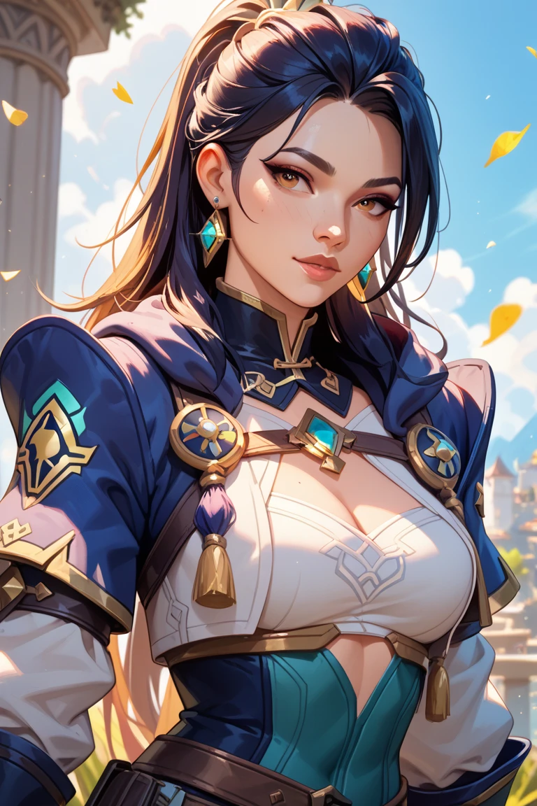 close up shot of a woman in a silver and blue dress, silver armor, large breasts, cleavage, chengwei pan on artstation, by Yang J, detailed fantasy art, stunning character art