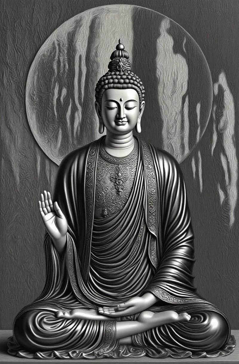 Create a 3D cinematic image of a majestic Buddha statue representing the Tathagata (Suchness) or Buddha of Great Enlightenment. The statue should be depicted in a grand and opulent setting that conveys a sense of supreme divinity and transcendence. Use a dark color palette to enhance the mystical and reverent atmosphere. The background should be rich and detailed, emphasizing the statue's monumental presence and spiritual significance. Include elements such as dramatic lighting and ethereal effects to highlight the Buddha’s exalted, transcendent nature, and create an overall impression of elevation and liberation from worldly attachments.