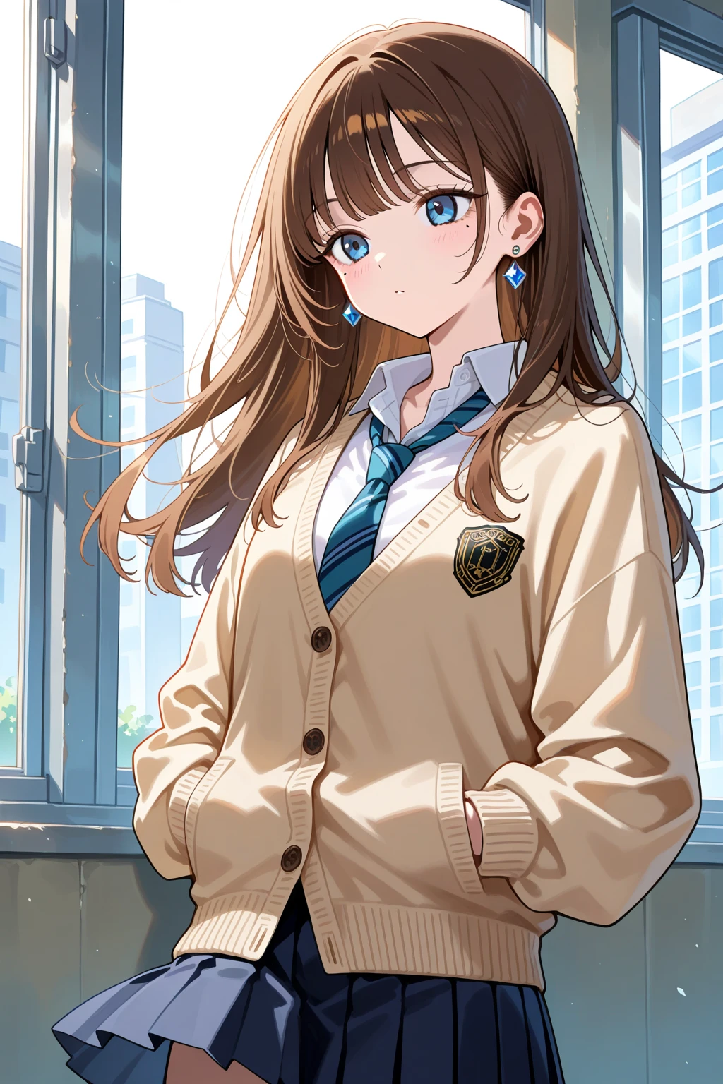 (masterpiece:1.2, quality), (current, photocurrent:1.4), beautiful illustrations, (natural side lighting, movie lighting), National Science Foundation,
looking at the audience, cowboy shooting, Front view:0.6, 1 girl, , high School girl, perfect face, Cute and symmetrical face, shiny skin,
(long hair:1.8, straight hair:1.7, blond), asymmetrical bangs, purple eyes, (:1.1, thick hairy thighs, pretty face, Beautiful and delicate eyes, Beautiful clavicle, beautiful body, beautiful, Beautiful thighs, beautiful legs, Beautiful fingers,
((light blue collared shirt, Navy pleated , sock, naval, Light brown cardigan, white stockings)), pink beautiful scenery), night, School, classroom, curtain, permanent, lean forward, Put your hands on, in stockings, ((, ashamed, open mouth)), ,