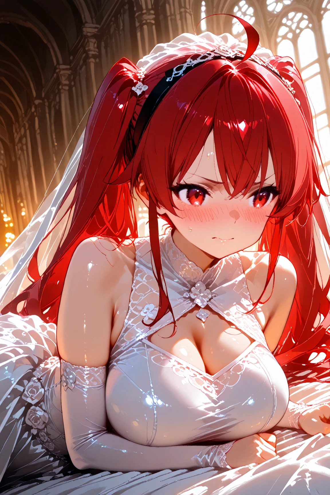 Asuna Yuuki's sultry creation: A ravishing girl with tomato-hued locks styled in a sleek goto hairstyle, gazes seductively into the camera. Her striking features, including a pretty face with a well-crafted visage and plump lips, are illuminated by warm, golden lighting. The model's toned physique is accentuated by medium- sized breasts, a moderate bustline, and a curvy derrière, showcased through a stunning white dress adorned with vibrant red stripes. The dress falls just above her knees, highlighting alluring thigh-high stockings with matching red stripes, paired with pristine white shoes. At her side, a majestic sword gleams in divine lighting, set against a heavenly backdrop that radiates an otherworldly glow, completing the visually stunning and captivating scene that exudes sensuality and allure