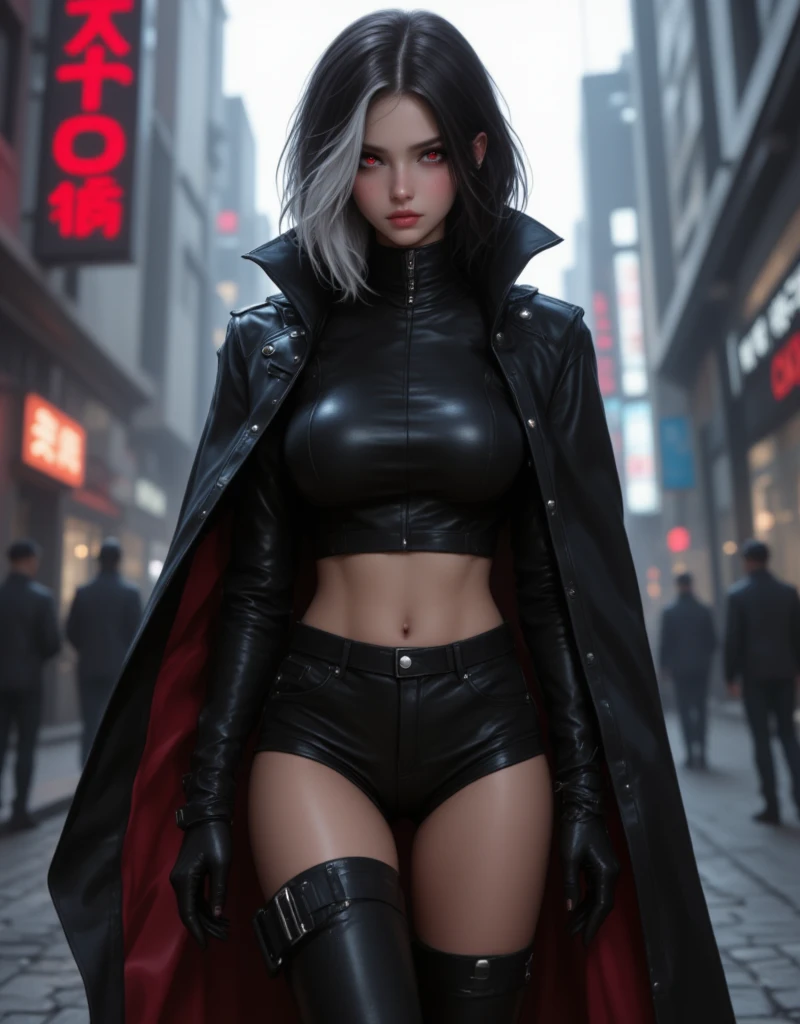 Masterpiece, best quality, 4k, mecha, starry sky, stars \ (sky\), cape, hair ribbon, slim legs, hood, long hair, gray hair, cyberpunk, depth of field, ((huge breast: 1.9))