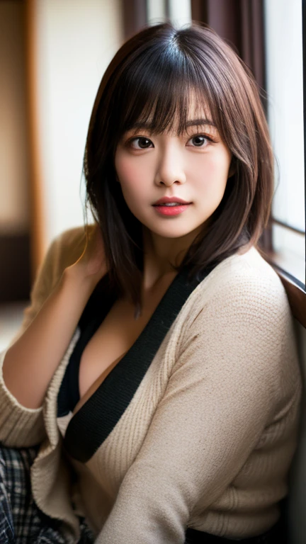 (Photorealistic), (ultra high realistic), (Ultra high definition), (ultra high detailed), (Increase contrast), (Increase saturation), (14 years old girl、a small face、Extremely beautiful face, natural make up)(fair white skin)(sparkly eyes)A pretty woman with perfect figure, Spoiled look,, (Lifelike face), a short bob、Hair hanging over the ears, (Tight black knit miniskirt dress、I can see the cleavage)(((White knee high boots)))japanese cute idol, I can see the cleavage) Brown hair,((Stylish café))、Beautiful valley、beutiful breast、thin-waist、big butts、Knee-deep angle、Sensual pose that approaches boldly