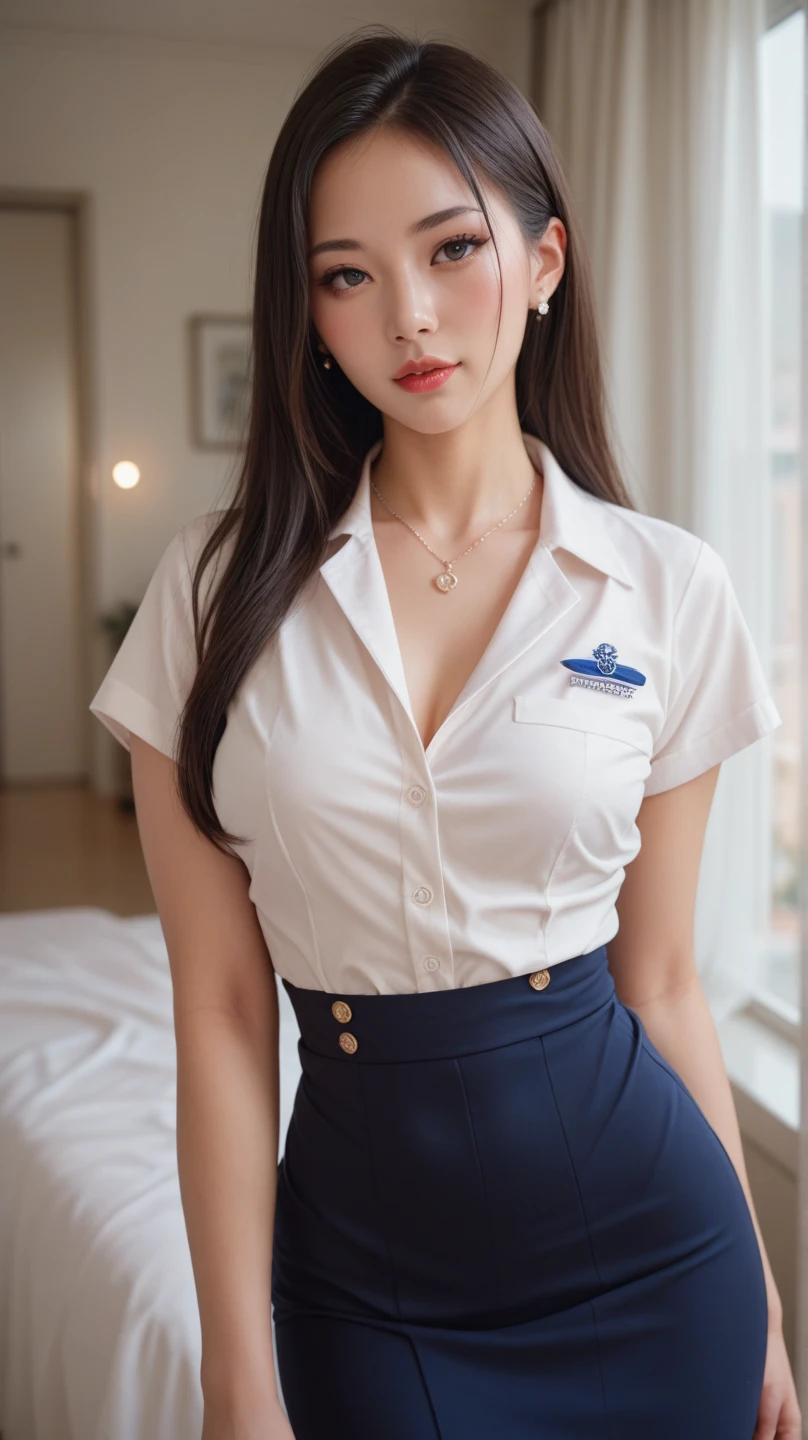 Highest quality, Masterpiece, 8K, ultra high definition, (realistic: 1.4), 1 woman, Beautiful face, symmetrical eyes, big, perfect body proportions, หน้าอกขนาดbig, Nipples visible, visible crack, The shirt reveals the chest., Air hostess uniform, Viewer&#39;s appearance, (inside the plane: 1.2), front view, shoulder jump, absolute space (1.3),