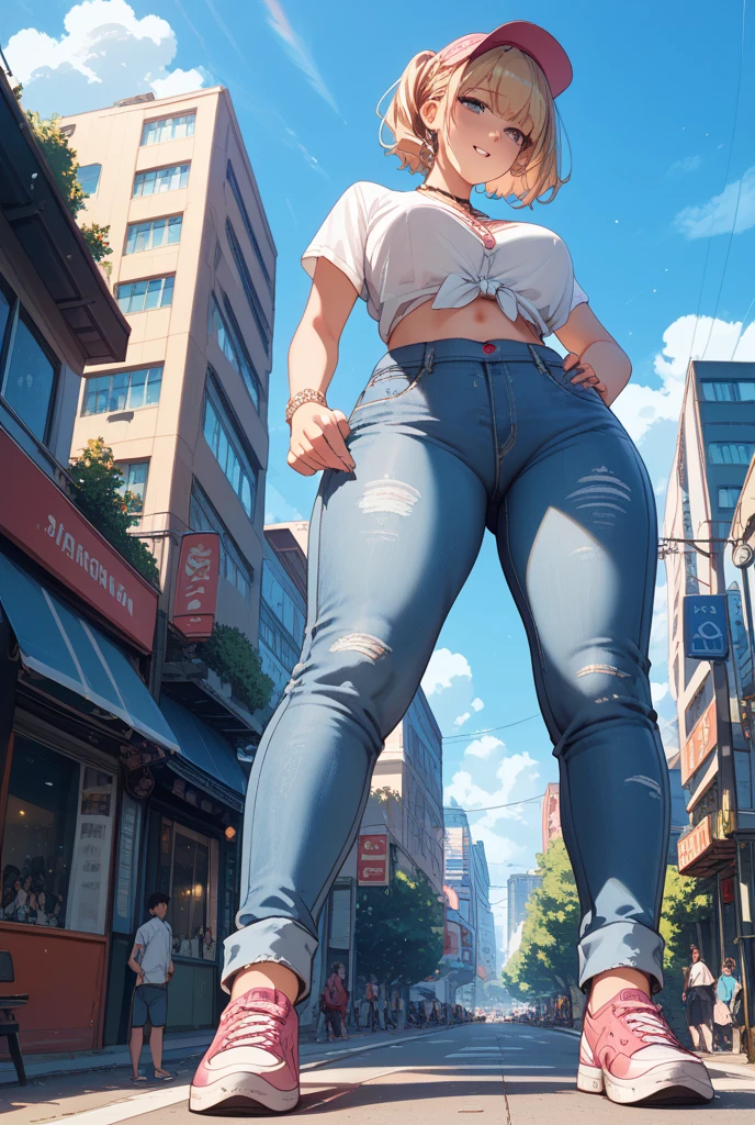 ((((15m giant woman))), one girl, crop top, (((If you look up at the girl from her feet, perspective, lower view))), towering body, sfw, normal clothes, jeans, (1girl:1.9), low angle, looking at viewer, smilling