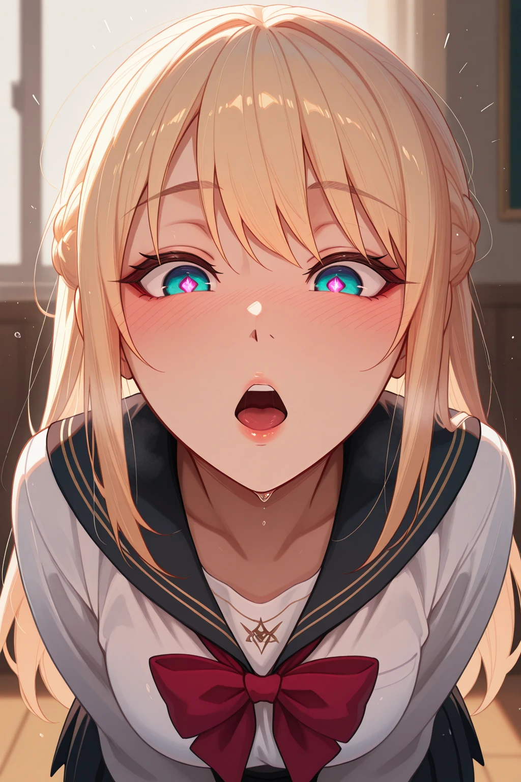 masterpiece, absurdres, best quality, ultra detailed, high Resolution, detailed illustration, bright colour, (extremely beautiful detailed face and eyes, Delicate beautiful face, 1 girl, 18yo, cute face:1.3), (magenta eyes:1.1), sparkling eyes, big eyes, (:1.3), (perky :1.1), (pointy :1.1), medium , glamorous body, white skin, BREAK, (blonde hair:0.8), messy hair, detailed hair, shiny hair, BREAK (school uniform, :1.3), perfect lighting, (, vulgarity:1.5), (Embarrassed:1.3), mattress, (, Excess ,  on face:1.3), 