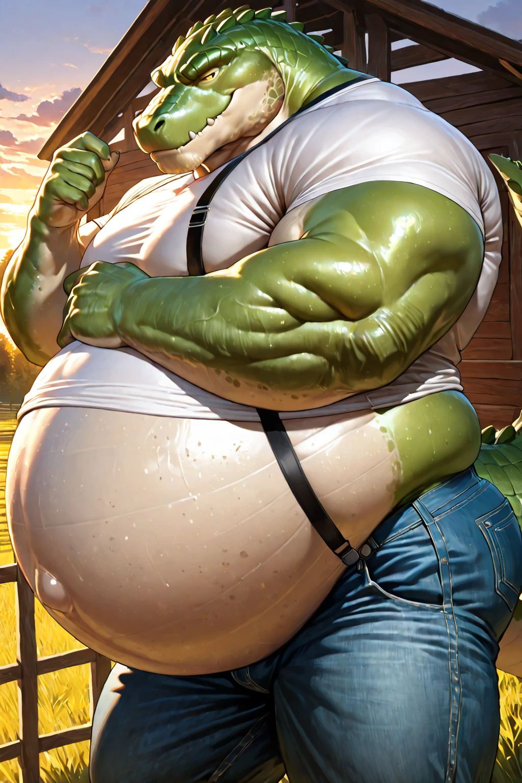 solo,Huge beefy (green) frog humanoid form beastmen.(Ejaculate,sweat:1.3).(Drooling:1.5).Laugh.tongue,lie down in the bed.Masturbate.hand on penis,Getting an erection.Big cock.(all(green):1.2),beefy,fat
