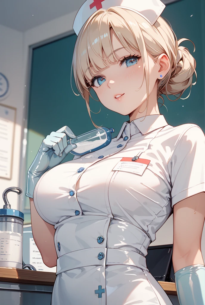 ((masterpiece)),(((best quality))),((character design sheet)),((rough sketch)),((vulgar)),thick thighs,african girl,blond hair,big ,((between breasts)),pussy juice,wearing an Wet sexual nurse uniforms and nurse cap,shirt harf lift,milking