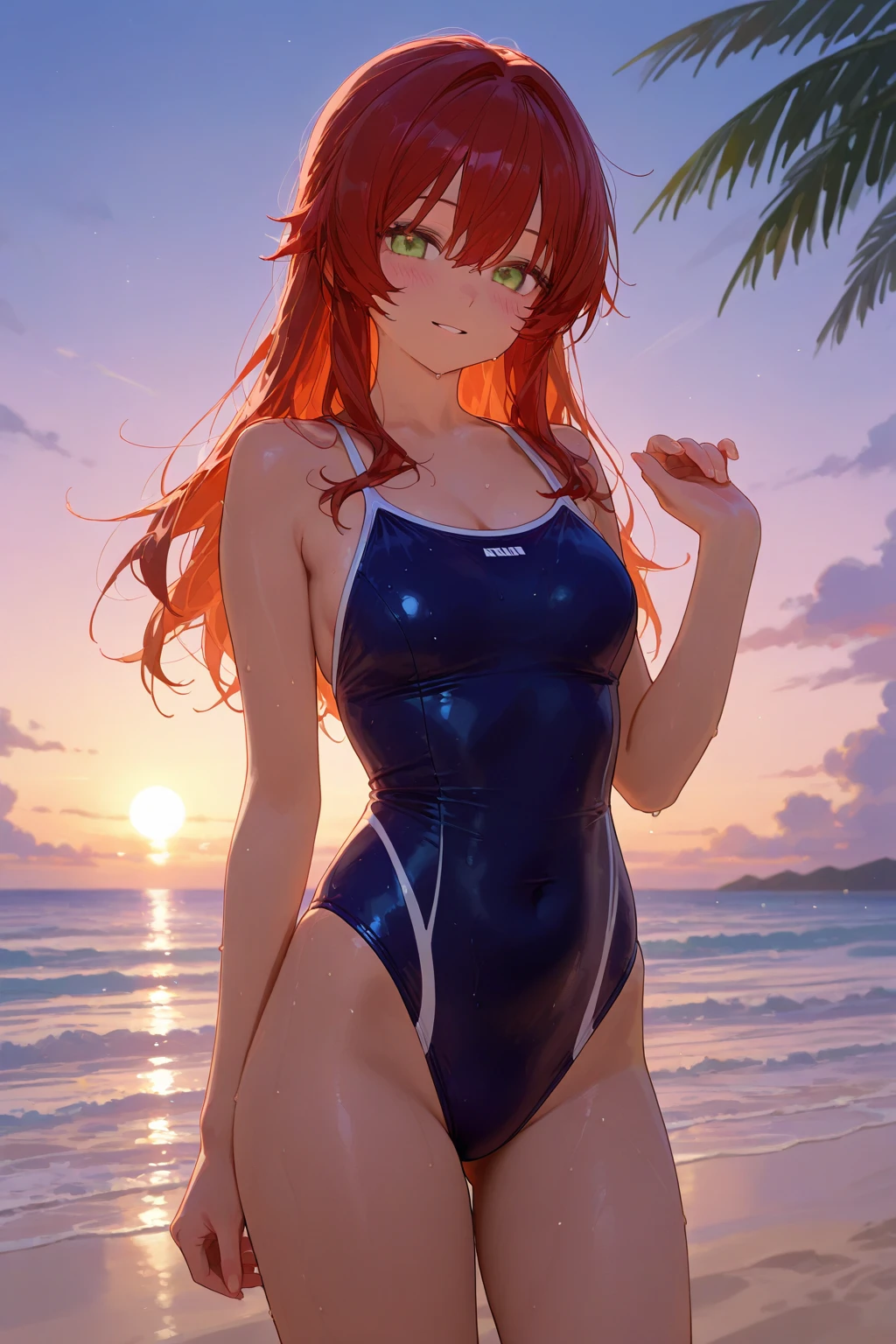 (top-quality、in 8K、32K、​masterpiece、nffsw、超A high resolution、Impresionismo、Photorealsitic:1.2)、Full body, swimming pools、beauitful face、blurry backround、18 year old beautiful girl、shinny skin、beautiful orange hair、Green eyes、competition swim suit、raise arms、Curve、Dynamic Poses、Smile with open mouth、