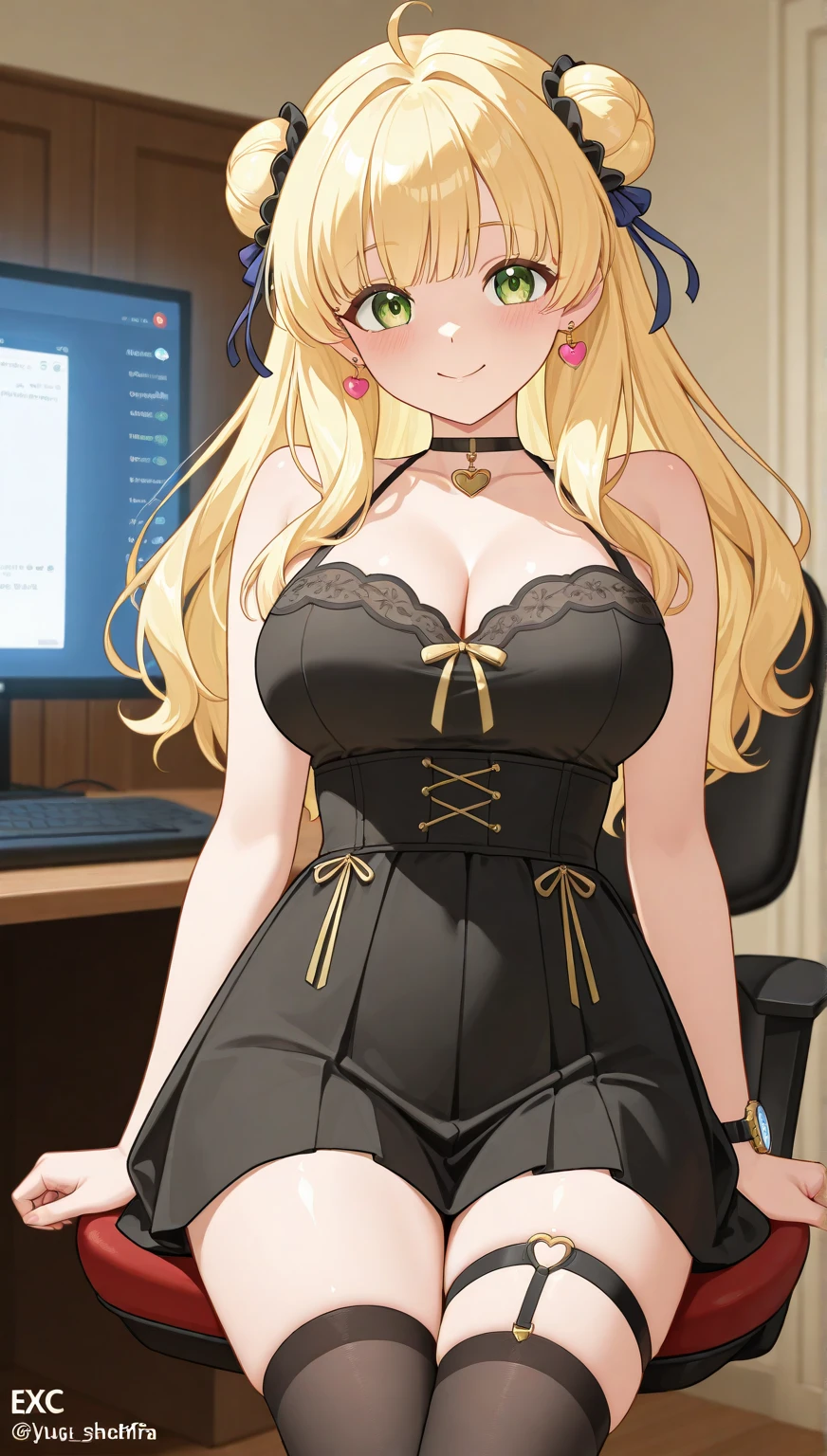 Erotic Anime Illustration、High resolution、A plump blonde high school girl flatters herself in the broadcasting room.、beautiful eyes、Ereshkigal、Ao dai、ecstatic expression、Overwhelming huge breasts that go beyond common sense、thick legs with fat、perfect proportions、cowboy shot