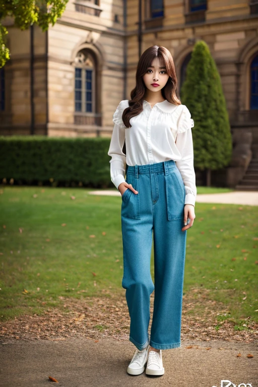 Araki woman in blue shirt and jeans standing in the field, korean women's fashion model, kawaii shirt and jeans, casual clothing style, lee ji eun, Lee Ji-eun, inspirado por Kim Jeong-hui, skinny waist and thick hips, casual modern clothing, full body cute young lady, standing in grassy field, modern casual clothing