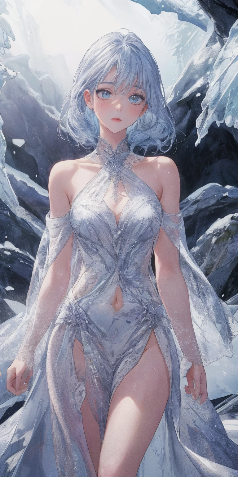 (((masterpiece))), best quality, illustration, 4k wallpaper, movie lighting, absurd, 1 girl,(snow,ice), snow花, in winter, white hair, shiny hair, curls, Transparent Clothes, decorate, lace, wet clothes, away_Shoulder, Headband,masterpiece, telephoto lens, absurd, Exquisite facial features,Record,Poster composition,strike an elegant pose,,Natural light,Soft Light,(Seven-part combination) ,epic,Fantastic and magical,mystery