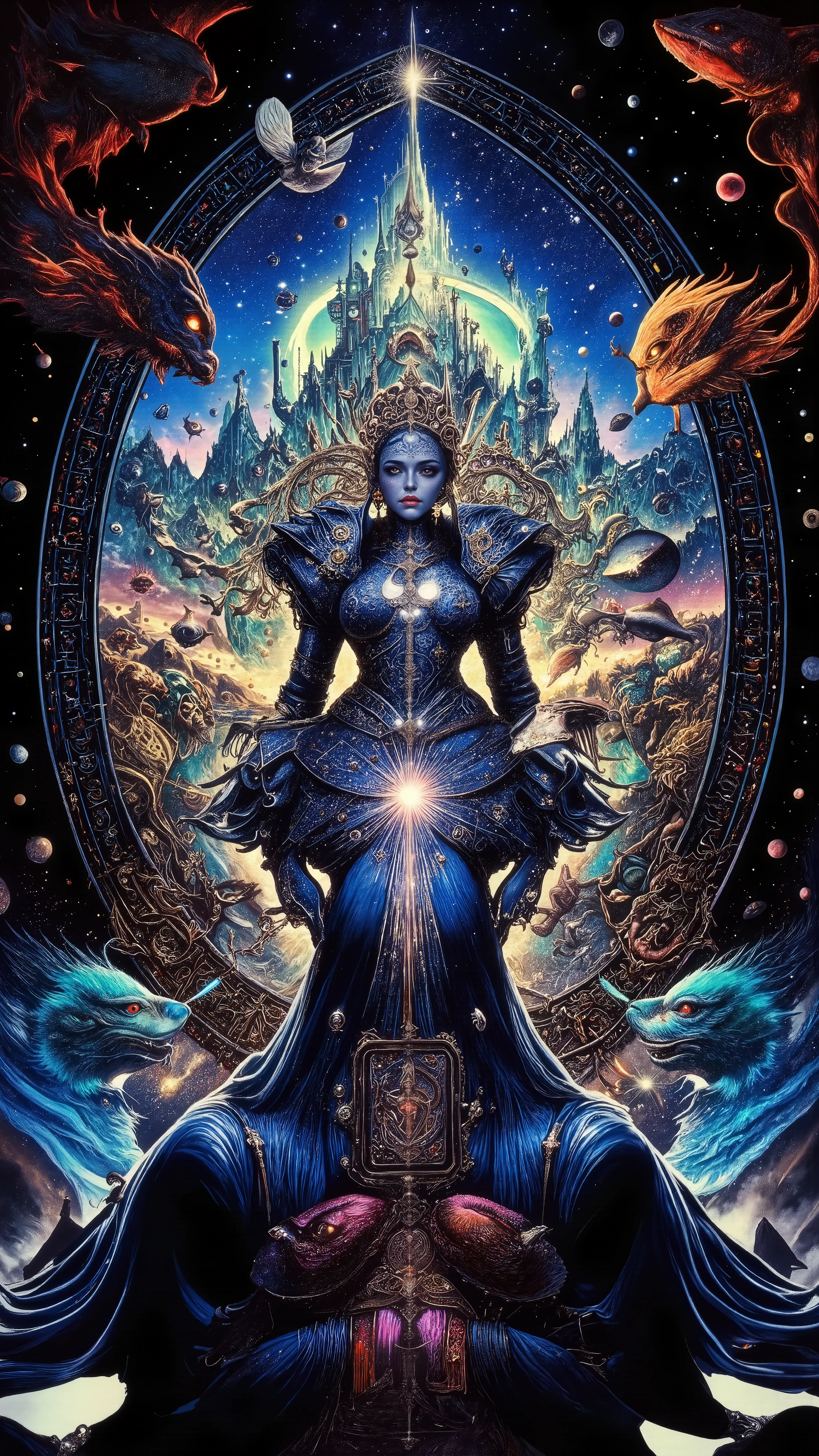 Surreal Painting,  An extravagant, mysterious female figure dressed in intricately embroidered cobalt blue medieval clothing that fits her form perfectly , A jeweled rosary necklace with a large crucifix rests on her shoulder,Allusions to a historical or religious background or past lives, her hands are tightly gripping a very ancient illuminated book of Alchemy glowing with ancient magics and Angelic Enochian magic, with arcane graphs and suggesting studiousness and contemplation, A number of abstract shapes and dragon heads, cyclops things and creatures of myth blend seamlessly around the mysterious figure's head,Set against a vivid , an alien cosmic montage of strange vistas of backdrop, Jagged iridescent geometric shapes, The background features celestial bodies such as planets and moons,Above these shapes are disarticulated eyes,Adding to the dreamy, mysterious atmosphere, The scene is set in a dark, expansive temple open to the sky, Suggesting a journey through time and space, The contrast of light and shadow, Fantastic Mood, A visually appealing piece, Deep symbolism, Various interpretations.