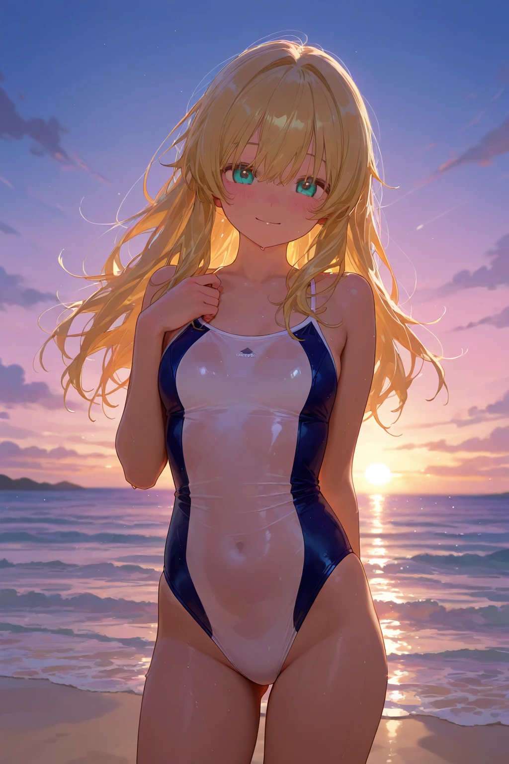 (Best quality, dynamic lighting, highly detailed, HDR) blonde haired young woman, twintailed, cute, pretty, beautiful, brown eyes, skinny, , short, small breasts, white onepiece swimsuit, sleeveless, bare shoulder, cleavage, smiling, beach background