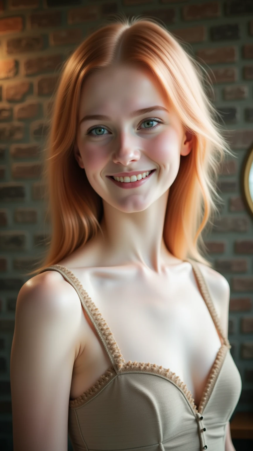 portrait of 20 years old young women, innocent, delicate, red lips, small freckles, smiling, delicate hands, cloth jerkin, bare forehead, white bra and panties, warm smile, highly detailed, digital painting, artstation, concept art, smooth, sharp focus, illustration, art by wlop, mucha, artgerm, and greg rutkowski