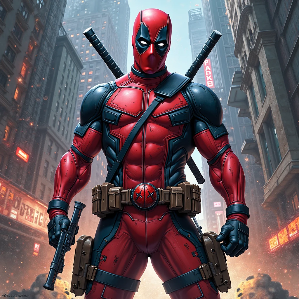 (comic poster), (illustration), (deadpool), (full body), (Photorealistic:1.5), (laying back on a park bench in NYC), seductive, looking at viewer, (beautiful detailed background), dramatic, cinematic, highest quality, masterpiece, ((empty hands)), (colored line art:1.35), (2D:1.2), crosshatch:0.37, <lora:Deadpool:0.17>, centered, ((blank mouth))