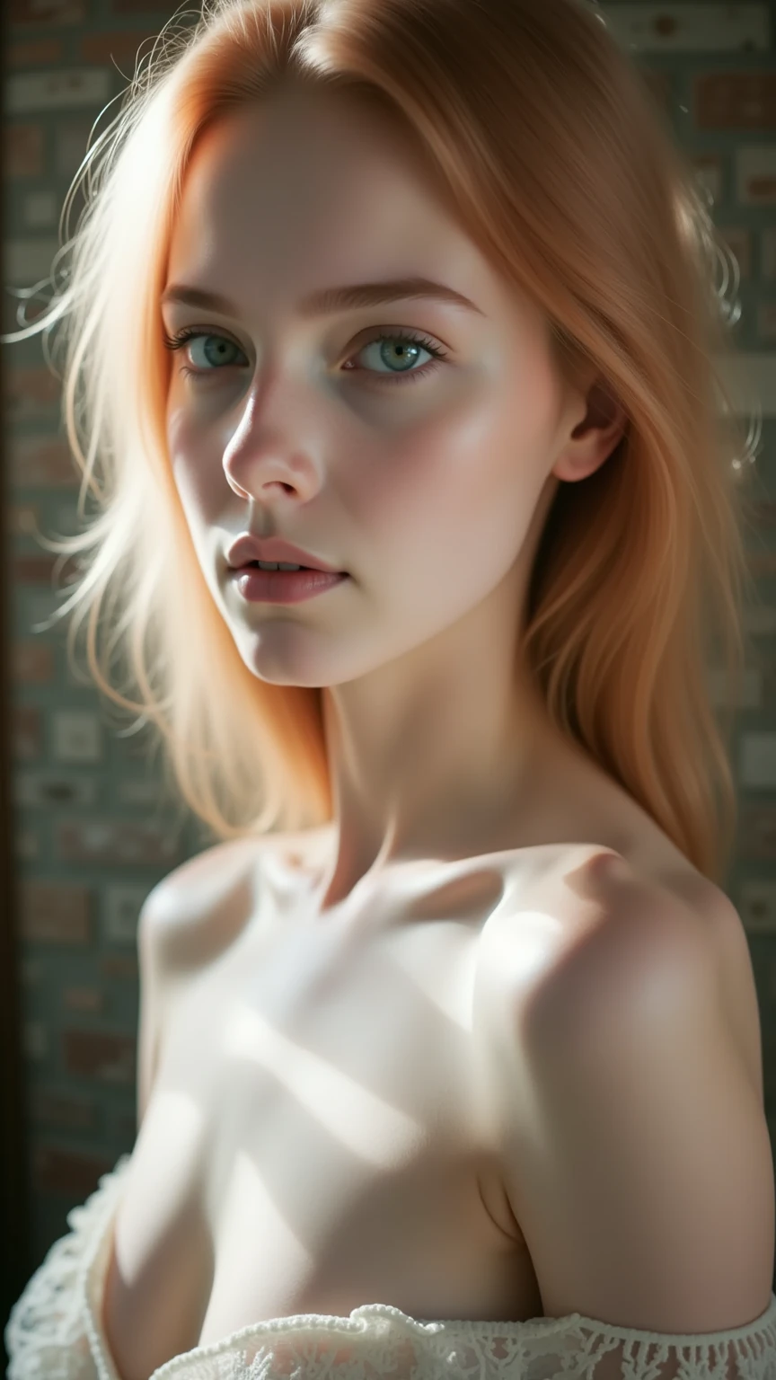 1girl in, age19, Solo, Aesthetic artwork, irish, wavy ginger hair, shoulder length hair, gray eyes, light grey eyes, pale skin, A-cup, small breasts, runners body, (textured skin, skin pores:1.1), goosebumps, taking close-up selfie while sitting down in sauna naked, (extremely detailed 8k wallpaper), soft lighting, high quality, film grain, Fujifilm XT3 sharp focus, f 5.6, 50mm, High Detail, Sharp focus,(natural light), crazy details, complex details, hyperdetailed, close-up, hands hidden