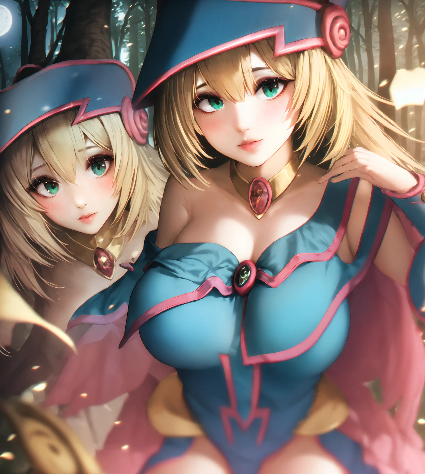 master piece,best quality,ultra detailed,8k,
ambient light,realistic skin,glossy skin,
(dark magician girl, duel monster, blush stickers, blonde hair, green eyes, long hair, breasts, blush, bangs, large breasts, hair between eyes, pentacle, pentagram, hat, dress, cleavage, bare shoulders, collarbone, choker, blue headwear, wizard hat, bracer, detached sleeves;)、
A realistic depiction of a person trapped inside a glass bottle, 、(lie face down:1.3)、(portrait)、(the body is very wet:1.5)、yukata、Glossy lips、Slightly emphasize the lower lip、A refreshing smile、emphasizing the cleavage、