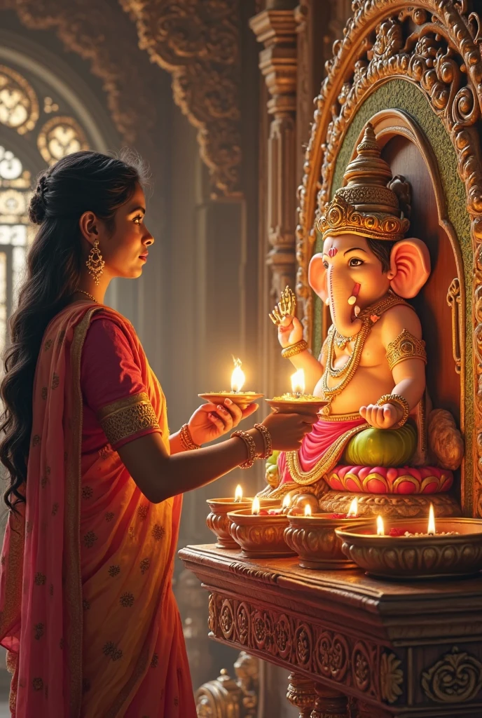 Create an image of Divya , a 20-year-old Indian girl, standing in a traditional temple, offering a plate of flowers and harathi to a large statue of Lord Ganesha. She is dressed casually in a designed red,yellow , gold and silk saree. The temple surroundings are adorned with oil lamps and marigold. happy.