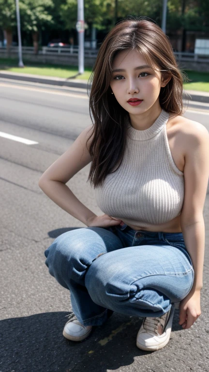 ((top-quality、8K、masterpiece:1.3))、1girl in、Pretty woman with emphasizing:1.3、(A dark-haired、poneyTail、Colossal tits:1.2、Spanning car tires、Body shape is plump、The background is an automobile、tshirts、jeans