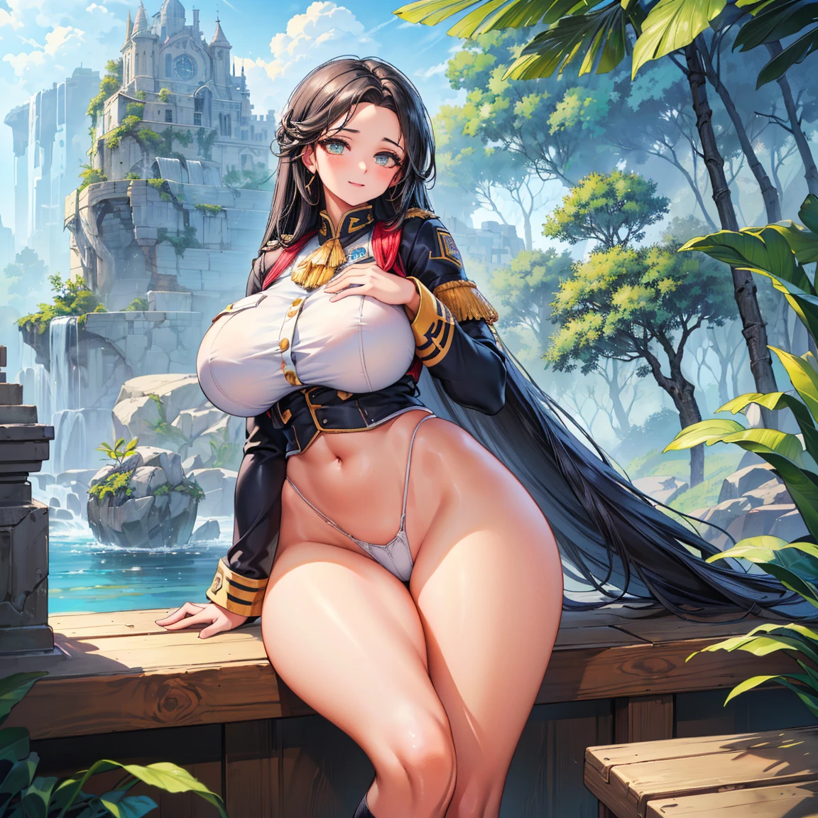 Woman with brown hair, with big breast, pubic hair, (naked), beautiful nose, beautiful finger, beautiful face, sad smiling, masterpiece, high quality, detailed, Photoshop, busty, mature female, milf, village background, looking at viewer, blush face, showing her pussy, big ass, sweating, full body, orgasme face, blush face, standing, (hand on chest), golden crown, cape.
