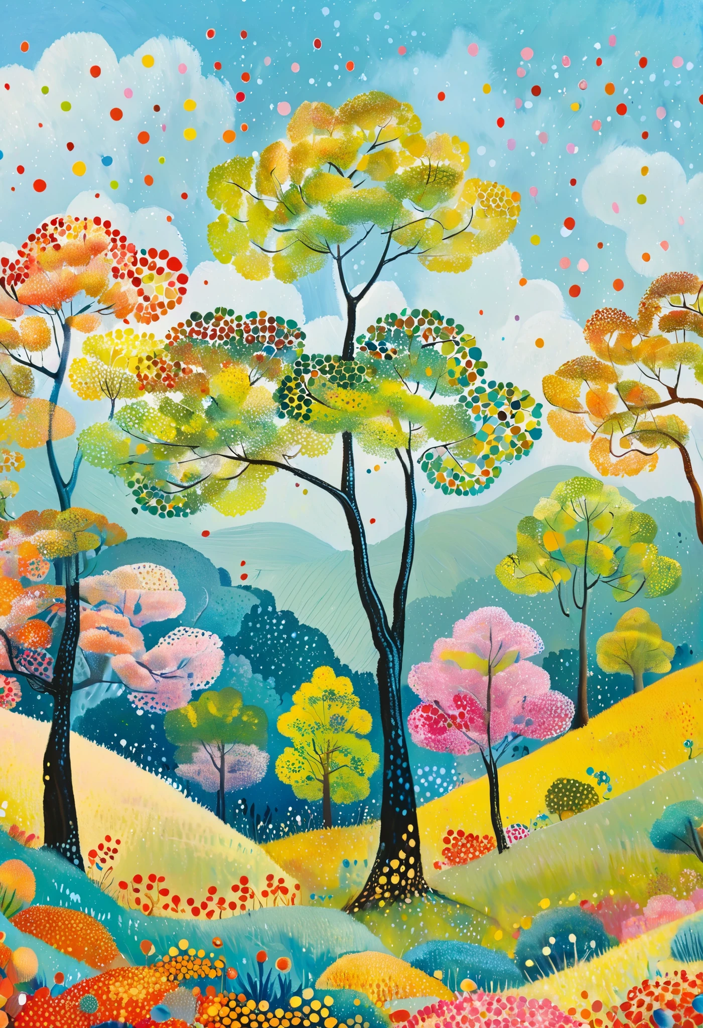 tree々Colorful landscape painting with clouds ,  vivid gouache painting landscape ,  Whimsical Forest , 色とりどりのtree々 , treeのある丘 , Nature Painting , bright forest , 草原の丘の中のtree々 , colorful landscape painting , 詳細なtree , たくさんのtree , Forest Painting , Random Forest Scenery , tree々have lots of leaves , inspired by Henri Rousseau , inspired by Pasita Abad 

