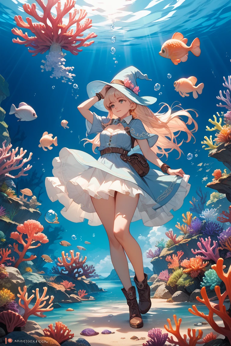 (masterpiece, best quality, detailed glossy skin: 1.2), flawless, 8k, RAW, highres,1girl, petite, medium breasts, long hair, blonde hair, (witch hat), (light smile), purple eyes, (star-shaped pupils), (underwater, algae, aquarium), looking at the viewer, solo, very short dress alice in wonderland, dress up (camel's finger), (no panties), long socks, transparent white socks, broom, floating, rim lights, cinematic lighting, ((splash water)), standing