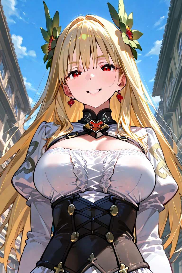 rose,blonde hair,yellow eyes,cow bikini,bell,cow ears,cow horns,collar,squinted eyes,blush,naughty face,tongue out,outdors

