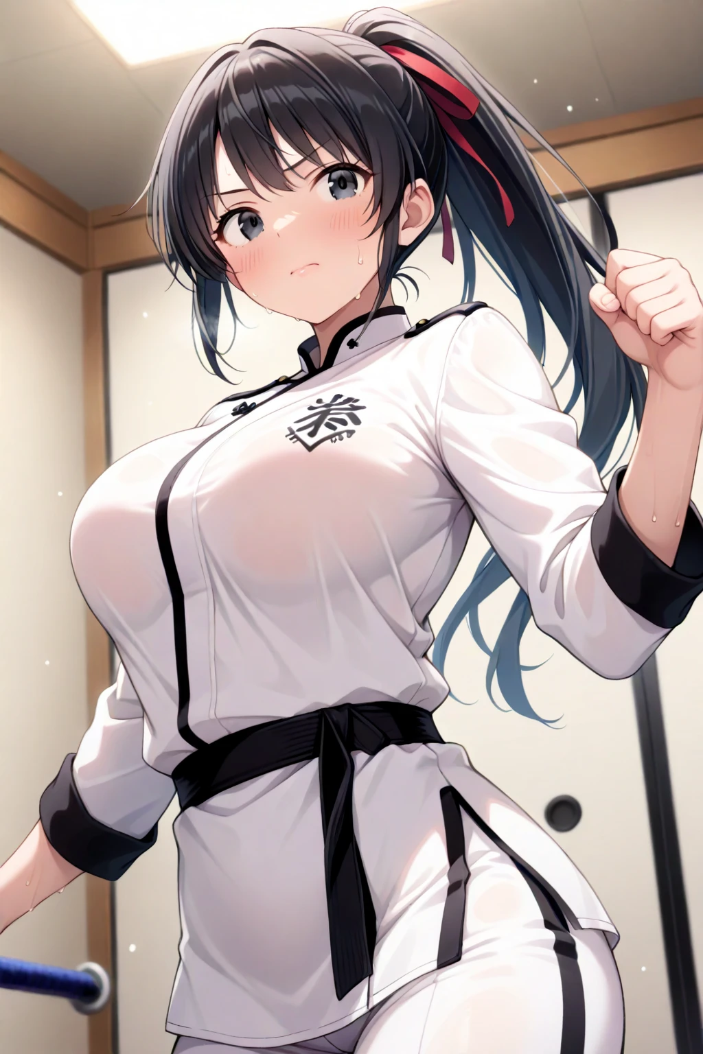 karate、dojo、The gi is exposed、are fighting、The chest is fluttering、Bra is slightly visible、I can see the cleavage、I can see your chest、I can see the side