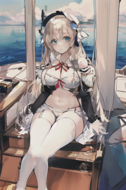 lexington \(warship girls r\),((masterpiece)),(((best quality))),((ultra-detailed)),((illustration)),((disheveled hair)),((frills)),(1 girl),(solo),
1girl, black bra, black legwear, blue eyes, blush, bra, braid, breasts, broken, burnt clothes, cleavage, damaged, french braid, hair ornament, hat, hat removed, headwear removed, large breasts, long hair, long sleeves, looking at viewer, military, military uniform, open mouth, peaked cap, sitting, skirt, smoke, solo, tears, thighhighs, torn clothes, torn dress, torn gloves, torn jacket, torn legwear, torn panties, torn shirt, torn skirt, torn sleeves, underwear, uniform, very long hair, wariza, white jacket, flaxen hair, torn flight deck, flight deck, Wariza, brown stockings, torn stockings, Flight deck at waist level