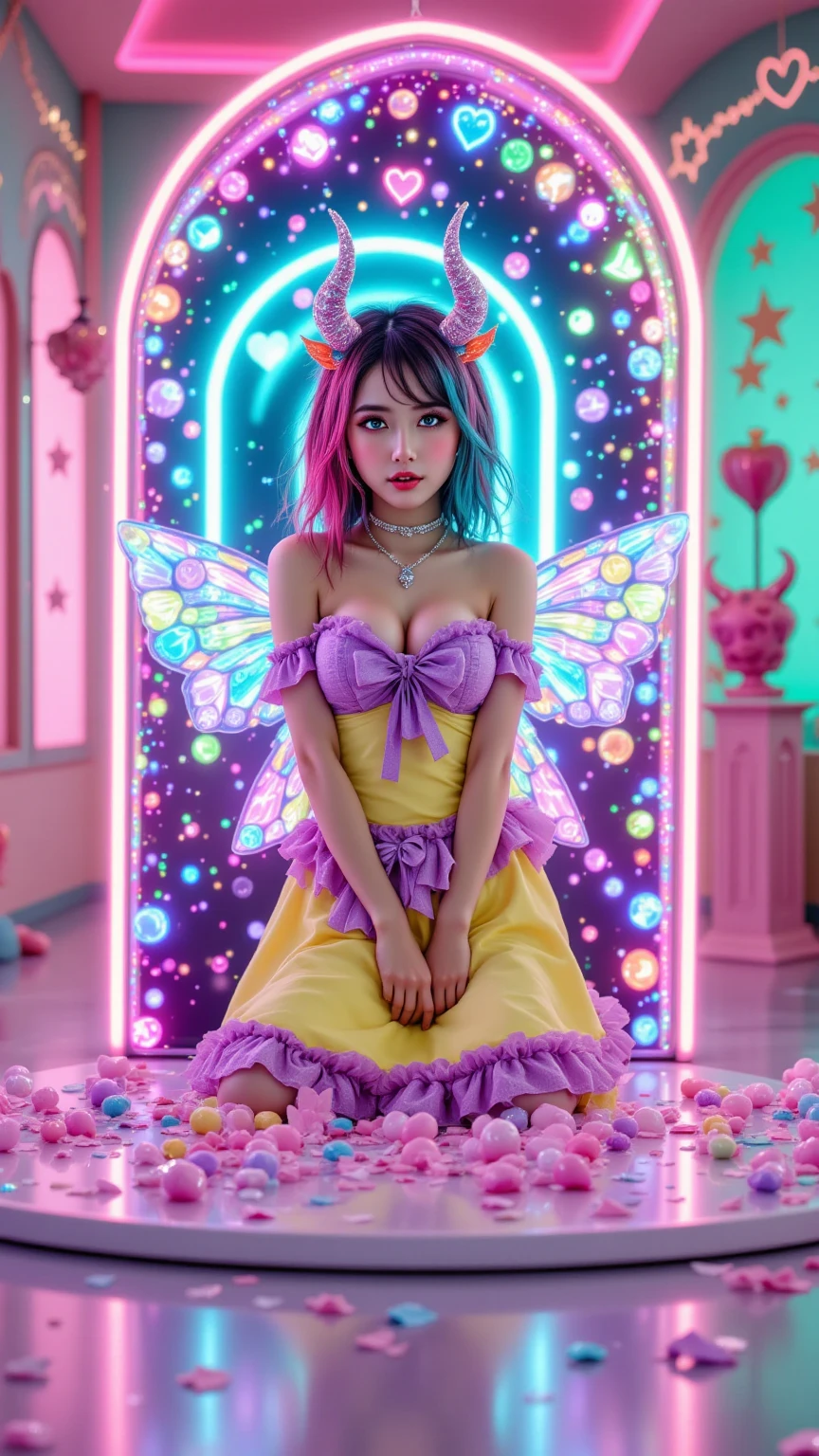 image quality:Highest Quality
Camera Focus: Blur the background
light:sidelight
person:20-year-old female,Gal model 、
Bright light、
Hairstyle: Short Bob、With bangs
dress:Gal、Hysterical glamour expression: The best smile、
Thin and delicate、Small bust、From head to toe、
Slim and beautiful legs、Thin thighs、pantyhose、pumps、
flowerpunk、Sparkling light particles、
Vivid gradient effect
