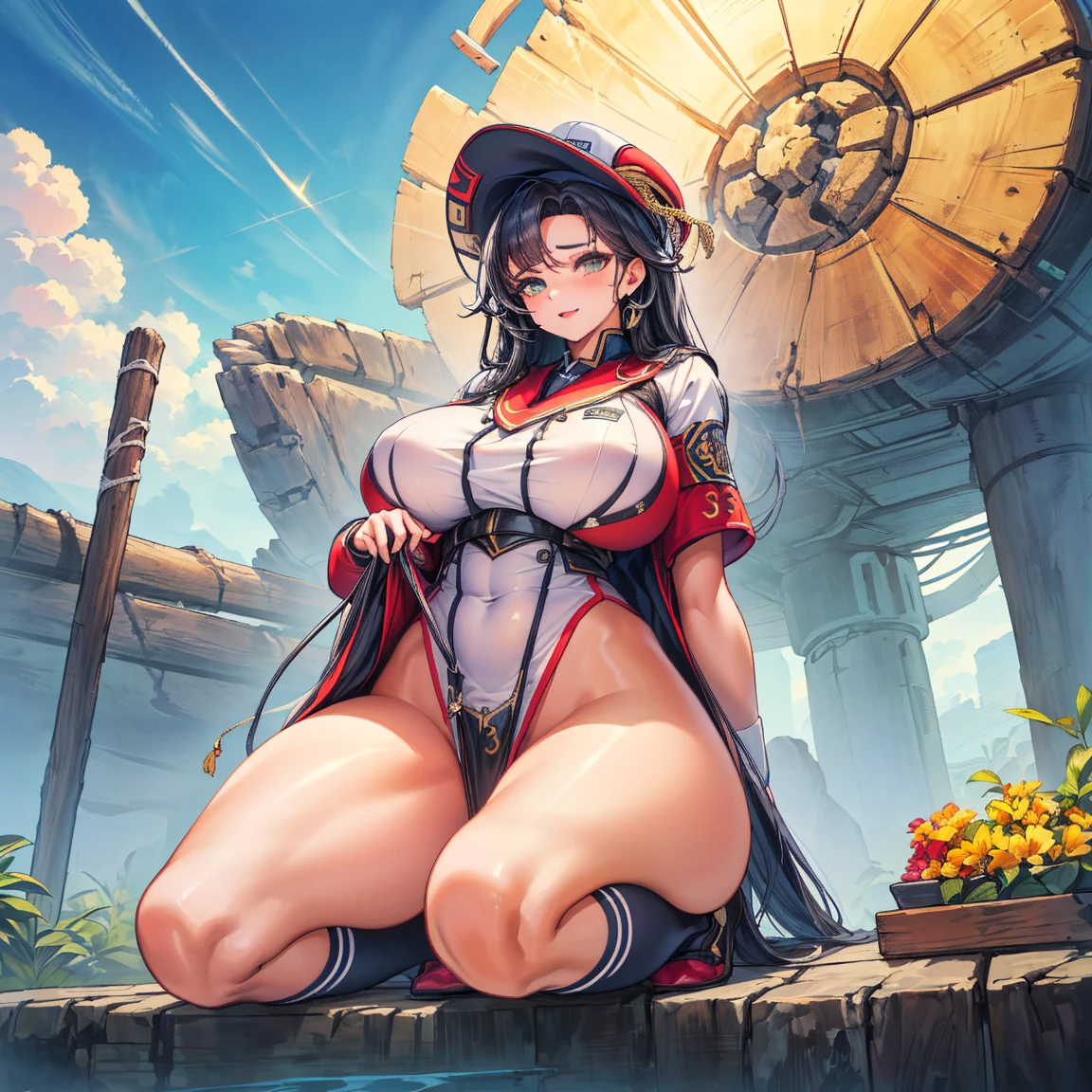 masterpiece, best quality, ultra-detailed, glistening shiny, glowing light, ray tracing, HDR, depth of field, (perfect face, detailed face, detailed eyes),(medium boobs:1.2),8k,HD,ultra realistic face, ray tracing, perfect lighting, shiny eyes, looking at viewer, 1girl, thick thighs,
(mature female:1.4), (NSFW), nude, aphrodisiac, heavily aroused, huge breasts, puffy nipples, large areolae, sweat, sweaty feet, steamy feet, fumes, (sitting), toes, m legs, barefoot, from below, reverse suspended congress,
(twin braids), (red japanese oni horns, oni horns), streaked hair,((white gradient hair)),((red streaked)),(multicolored hair), ((orange eyes)),multicolored eyes, gradient eyes, (glowing eyes:1.5), mascara, (fashion make up), parted lips, blush, japanese clothes, kimono, choker,
((middle of japan, bridge, river, bushes, trees, walls, houses, sunset, sun)),(complex background, many elements in the background:1.2),((super detailed background)), dynamic poses, ((8k wallpaper))