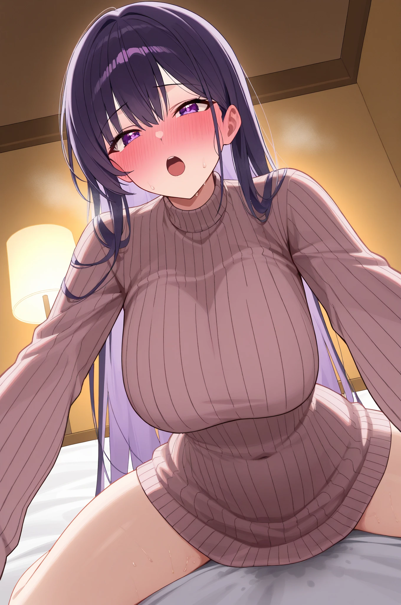 pov, paizuri, 3girls,, , , , paizuri, penis between the breasts, breasts squeezed together, , room, window, sweat, naughty, , blunt bangs, forehead,, little sister walk in, comedy, getting caught by little sister, busted, very surprised, nipples, camisole