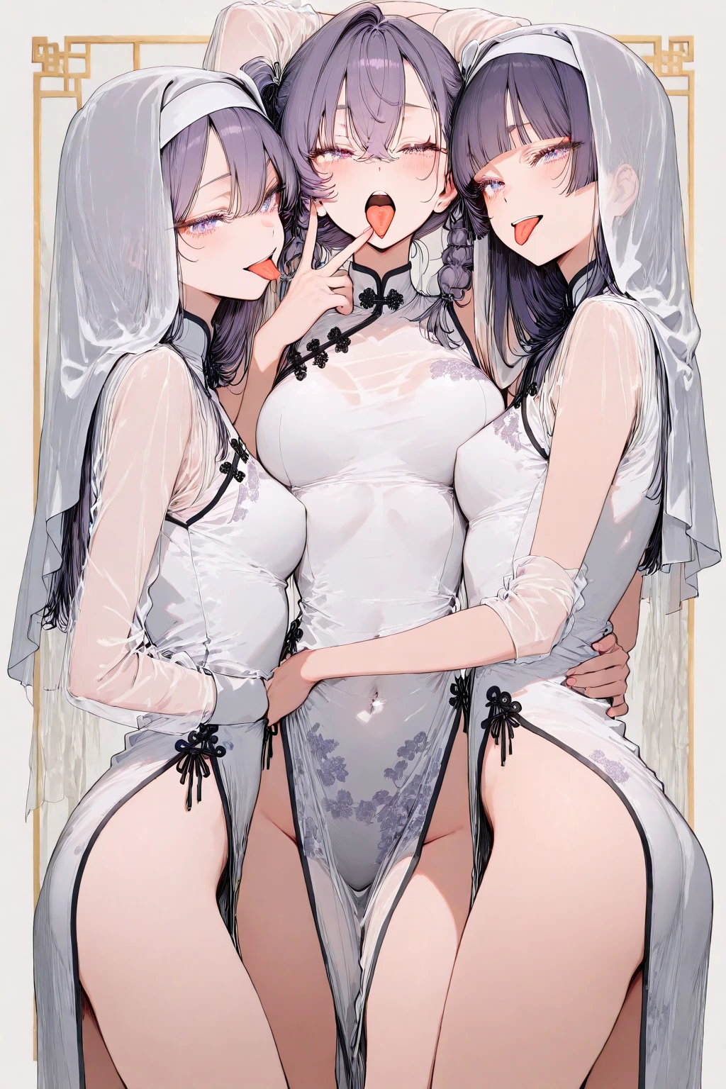 Four young maids of the nobility、Normal breasts、sweat-wet skin、on the beds、Wide legs open、poneyTail