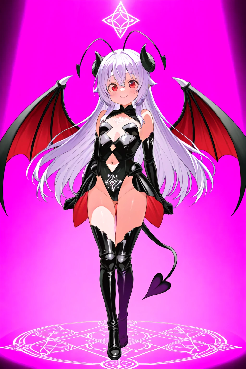 ((Highest quality)), ((masterpiece)), (detailed), (Perfect Face)、The woman is a naked demon queen, Devil Queen Chibiusa, wearing a shiny black full-body bodysuit decorated with gold, the sexy female demon Devil Queen Chibiusa、The woman is a female demon with magnificent devil horns, jet black devil wings and a jet black tail. She is a demon Chibi-Usa with a happy expression as she looks at the camera, with pink semi-long hair in a chignon twin tail and the expression of a girl in love.、The girl is Chibiusa