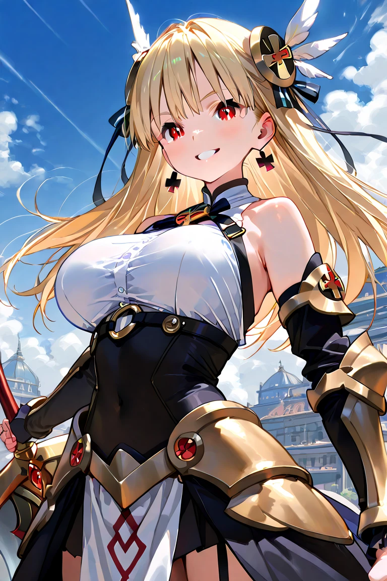 beautiful girl，Long blond hair，(curls)，(((Squinting eyes)))，(Carved armor)，Metal Armor)，Blue long skirt，Black pantyhose，Shoulder armor，clavicle，(Off-shoulder)，(((super huge breasts)))，((Red Eyeshadow))，Remains Cliff，((In the ruins))