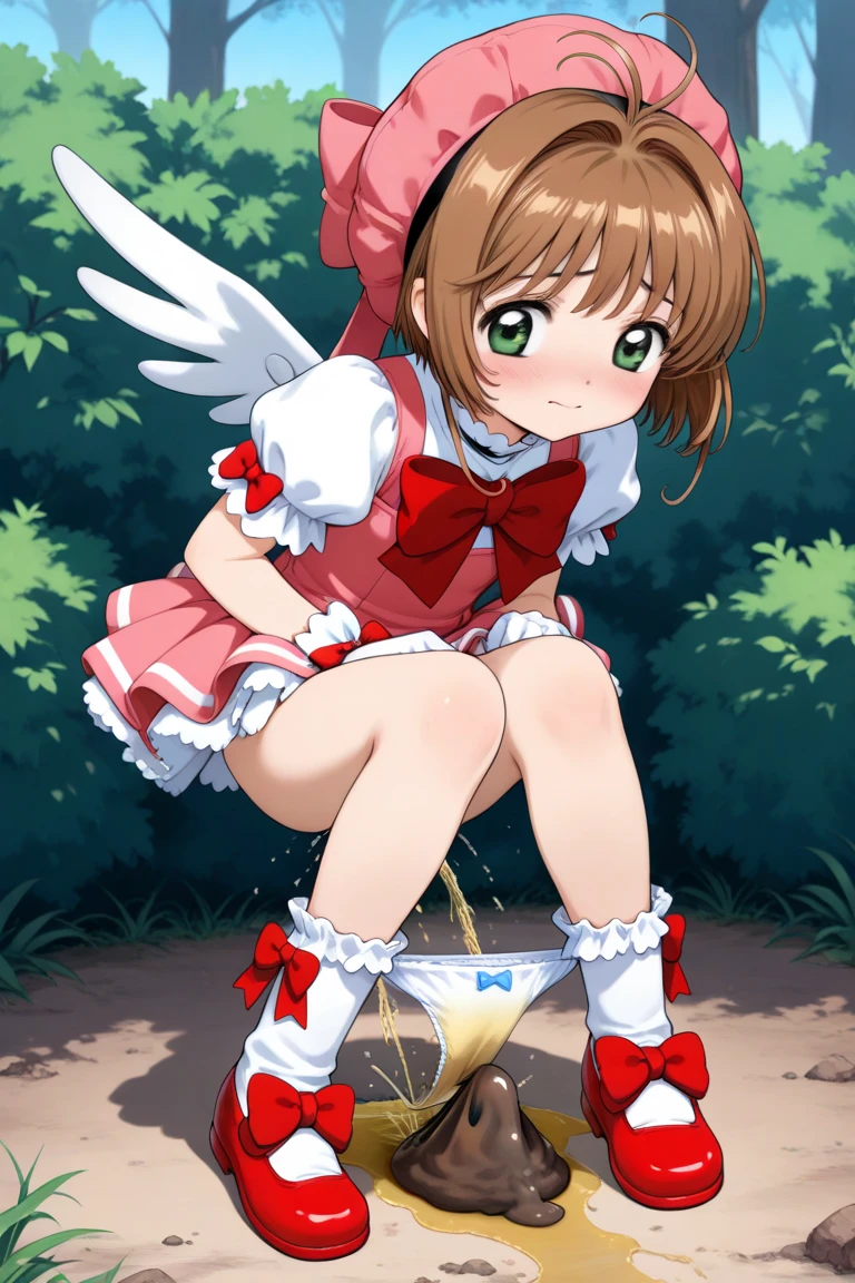 (masterpiece:1.2), best quality, highres, original, (extremely detailed:1.2), ultra-detailed, wallpaper, perfect lighting,(extremely detailed CG:1.2), 8k, anime illustration, HD, cute, kawaii, 1boy, crossdressing, solo, tomgirl, (brown hair, open the mouth, laughing, happy, hairclip:1.1), (Lolita Fashion, short sleeves, pink dress, mini dress, delicate dress, ruffles hemline, ribbon on dress, flat chest, breastless:1.2), (pantyshot, lace panties, ribbon on panties, anatomically correct:1.3), thighs, standing, (looking at viewer, frontal, low-angle:1.3), outdoor, sunny