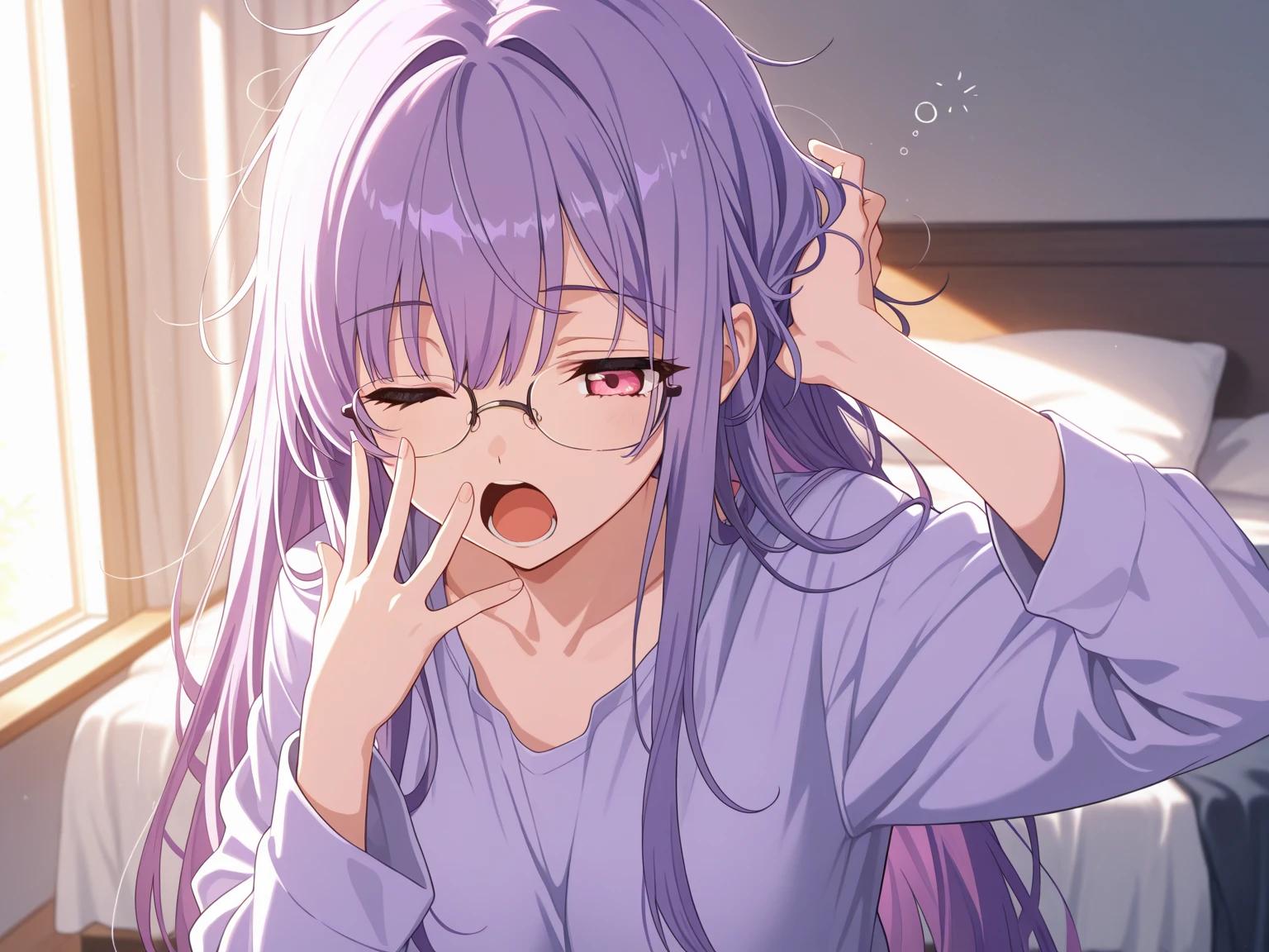 master piece , best quality , ultra detailed , score_9 , score_7_up , 1 woman , MedusaFS,purple hair, long hair, pink eyes, glasses, yawning , sleepy , one eye close , scratching head , bedroom , morning sun,