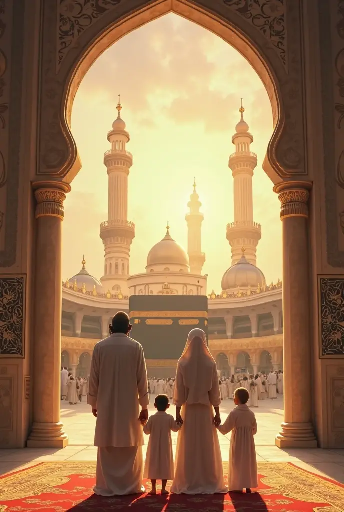 Please create an image depicting a family at the Kaaba: a husband, a veiled wife, two daughters, and a young son, all together performing the pilgrimage.