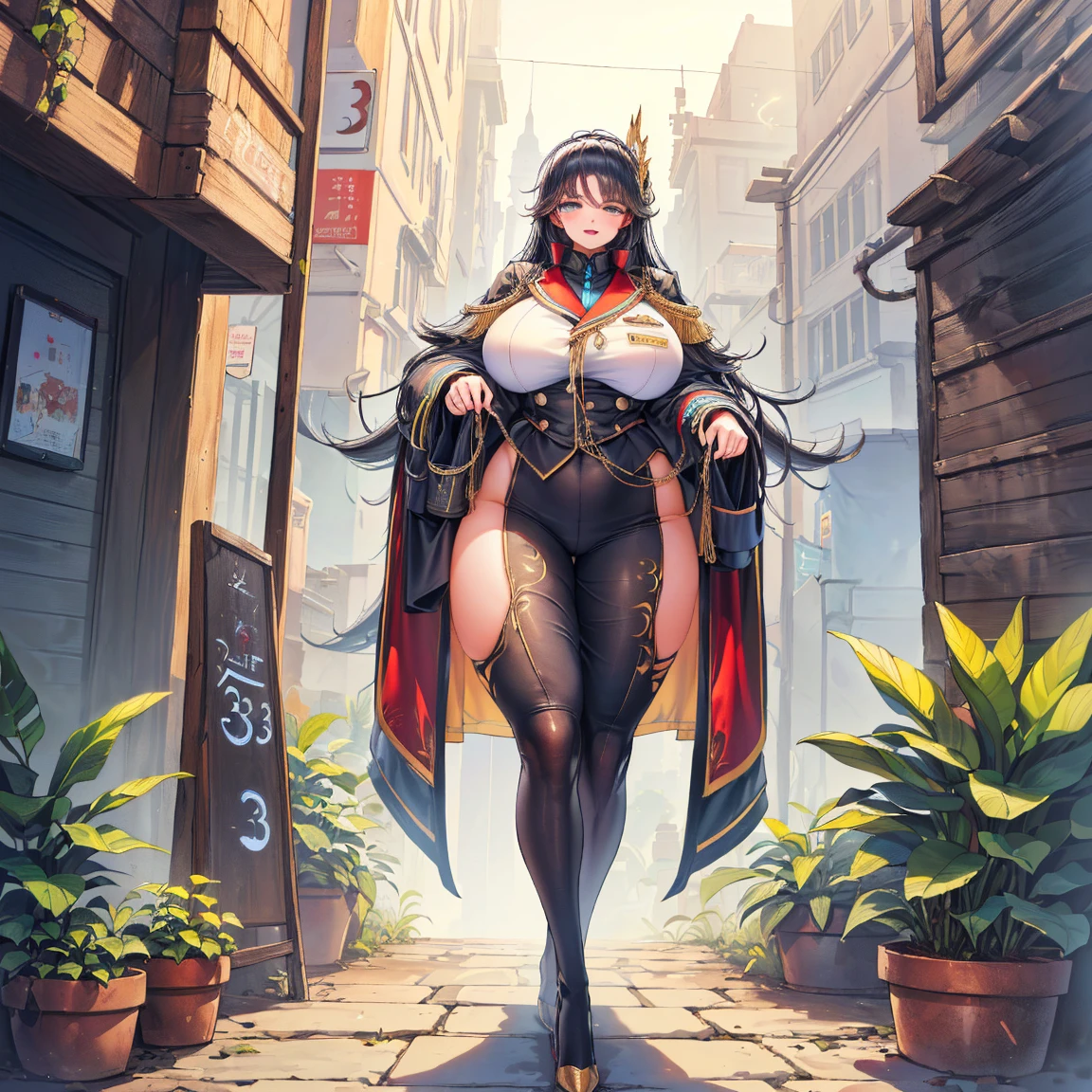 ((best quality)), ((masterpiece)), (detailed), 1 draconian-woman, 8k_wallpaper, extremely detailed eyes, (large masterpiece digital art), (intricate details:1.3 ), (ultra-detailed:1.3), (sharp focus:1.3), (natural lighting:1.05), (vivid colors:1.3), (best quality:1.4), high quality, expressive eyes, full body, detailed face, beautiful face, perfect face, ((hair sandy white curls)), (dragon dark blue horns), (gold eyes), {{dark skin}}, ({dark skinned female}), big breasts, (huge chest), strong powerfully visible muscles of the abdomen and thighs and legs, strong muscles of the arms, bold and decisive playful look of golden eyes, a predatory and vulgar smile with many fangs, she is wearing an open dark blue silk lush kimono with patterns of golden maple leaves, a white translucent cotton crop-top outlines of nipples under clothing, leather mini-shorts, lowered leather wide red belts on the waist with large yarn, a backpack with and long large dragon dark blue tail, she walks along a path against the backdrop of a dense forest and the ruins of an old castle, sunny clear day, fantasy style character concept art,
