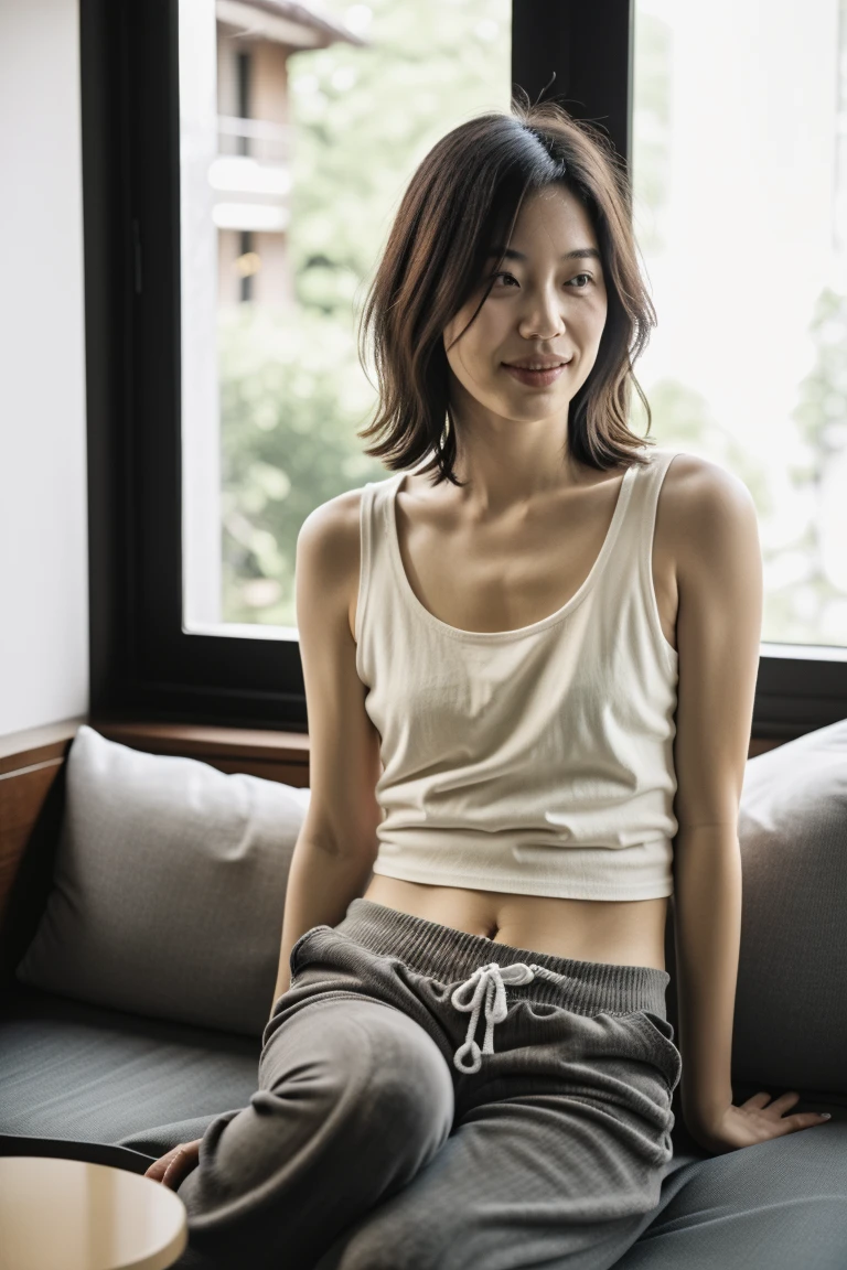 masterpiece, realistic, photorealistic, best quality, beautiful detailed, natural lighting, sharp focus, slim body, abs:1.2, small breasts, best quality real texture skin, Detailed beautiful delicate face and eyes, A beautiful 20-year-old Japanese woman sitting on a chair at a modern dining table, (((searching the internet on an iPad))), with a short haircut, wearing a white tank top and white jogger pants with floral pattern, with double eyelids and a smiling, camera-facing expression, in a full-body composition, in a living room with minimalist decor.