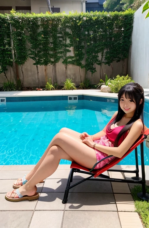 high school girl、School Swimsuit、Pool、smile、Midsummer、Long Black Hair、whole body、flip flops