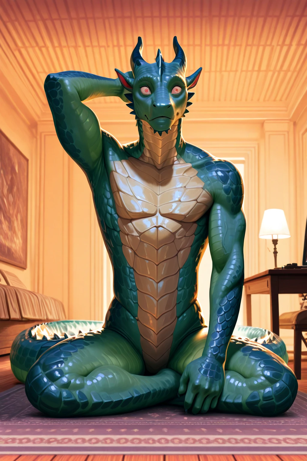 Humanoid dragon without clothes showing his cock lying on a bed