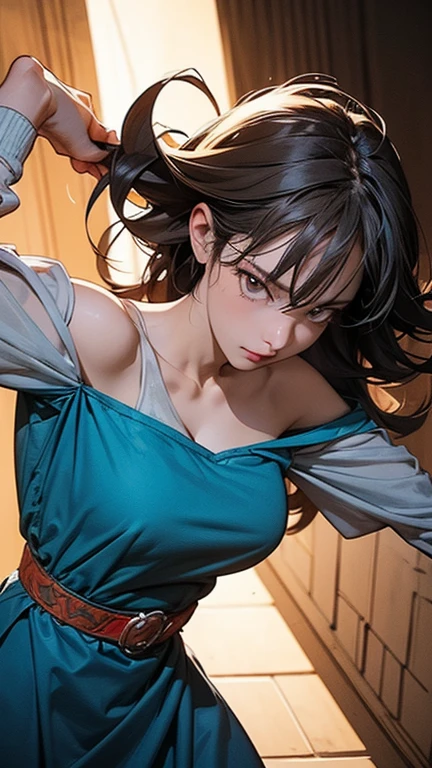 masterpiece, highest quality, absurd, perfect anatomy, Unity 8k 壁紙,best anime,dynamic angle、action pose:cutting action、cowboy shot,20 year old beauty、boa hancock,black hair,long hair,center parted bangs,slender body,big breasts,Please turn your body towards the viewer.、waitress,plain red kimono、red pleated mini skirt、1Hold a real sword in both hands、A sword drawn with precision and precision、fight with one sword、outdoors、japanese castle、